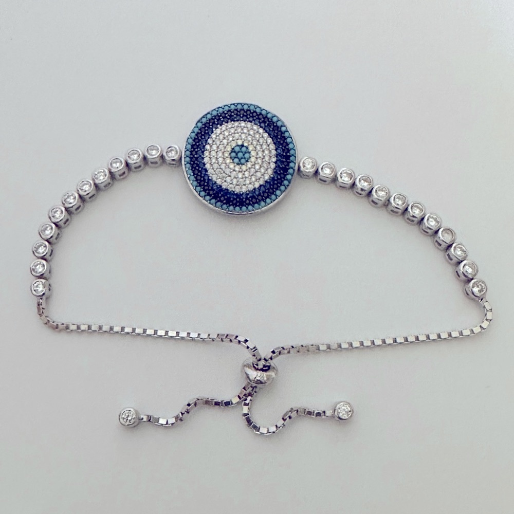 🧿925 Silver evileye bracelet cz and turquoise stones tennis bolo lock slider